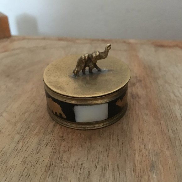 Small round brass, wood, shell box with elephant